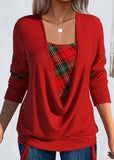 Printed Solid Color Long-sleeved Women's Large Drop Collar Loose Pleating Fake Two-piece Top