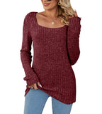 Square Collar Hollow Striped Brushed Casual Long Sleeve