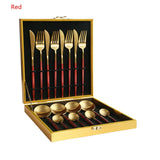 16Pcs Black Gold Dinnerware Set Stainless Steel Dinner Knife Fork White Gold Cutlery Set With Giftbox Drop Kitchen Cutlery
