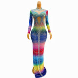 2024 Women's Elegant Evening Luxury Full Diamond Colorful Pattern Party Dress