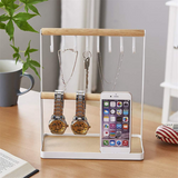 Tree Stand Organizer, 3 Tier Table Top Necklace Holder with Jewelry Tray Base, White Metal and Wood Basic