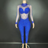 Nightclub bar party sexy red perspective mesh diamond tight jumpsuit for women's performance