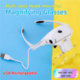 9892B2C USB Rechargeable Multi-lens Head Mounted Magnifying Glasses with LED Light Manifier 1.0X 1.5X 2.0X 2.5X 3.5X For Reading