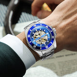 PINTIME Casuals Men Automatic Watch Hollow Skeleton Dial Luminous Waterproof Stainless Mechanical Wristwatch Self-Wind Relogio