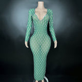 Temperament Female Singer Stage Dress Green Grid Deep V-Neck Sexy Wrapped Hip Tight Long Sleeves