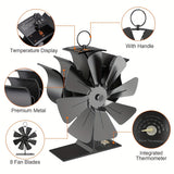 1pc, Fireplace Fan, 8 Blades Wood Stove Fan With Base Thermometer, Electric Fireplace Heater, Non Electric Fan For Wood, Thermoelectric Fan Thanksgiving Halloween Christmas Gift Fall Winter Essential Fireplace Accessories Wood Stove Accessories