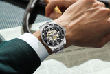 PINTIME Casuals Men Automatic Watch Hollow Skeleton Dial Luminous Waterproof Stainless Mechanical Wristwatch Self-Wind Relogio