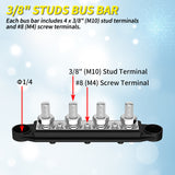 12V Power Distribution 250A Bus Bar Block with Cover 4 3/8" Studs 3 x #8 Terminal Screw 48VDC 300VAC