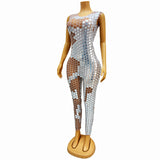 Design sense, hollowed out lenses, personalized street runway dress, unique temperament, niche, tight fitting, sexy jumpsuit