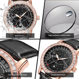 PINTIME Top Brand Watch Men's Black Leather Strap Starry Sky Dial Moon Pointer Fashion Quartz Wristwatch Casuals Luminous Reloj