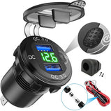 Quick Charge Car Dual USB Charger Socket Auto Adapter QC3.0 36W Waterproof with Voltmeter Switch for 12V/24V Motorcycle ATV RV
