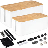 Bamboo CA management with top white organizer, cable corrector, power strip, surge protector, etc