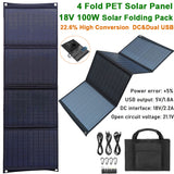 100W Foldable Solar Panel with Dual USB + DC Output - Portable Charger for Outdoor Travel, Hiking, Camping. Power Supply in Foldable Bag.