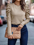 Round Neck Puff Sleeve Button Long Sleeve Top