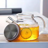 1pc, Cold Water Kettle, High Borosilicate Glass Thickened Cold Kettle, Transparent Bamboo Lid Juice Kettle, Large Capacity Heat-resistant Glass Cool Kettle