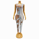 Design sense, hollowed out lenses, personalized street runway dress, unique temperament, niche, tight fitting, sexy jumpsuit