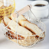 Wooden Handle Metal Retro Portable Multi-Function Vegetable Fruit Egg Groceries Practical Storage Basket Organizer White