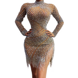 Wind and temperament Latin cha dance costume practice suit skirt hem tassel multiple colors pearl rhinestone splicing