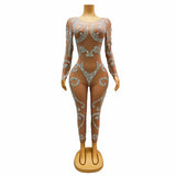 Flesh colored sexy perspective jumpsuit, nightclub bar, bouncing DJ suit, small sparkling diamond patchwork pattern design sense