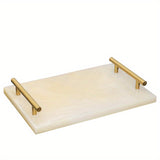1pc Marble Pattern Bathroom Tray, Bathroom Toiletry Storage Tray With Golden Handles, Bathroom Supplies