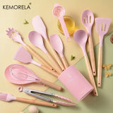 14pcs Silicone Utensil Set - Non-Stick Cooking Utensils With Wooden Handle & Storage Bucket