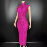 A sexy long dress with new style that is not transparent full of diamonds. It has a sleeveless and buttocks wrapped around the waist