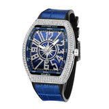 PINTIME Men Luxury Watch Iced Out Diamond Bezel Fashion Watches Waterproof Shinning Quartz Wristwatch Blue Leather Strap Clock