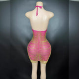 Hanging Neck Sexy Open Back Gift Dress Deep Pink Age Reducing Short Wrapped Hip Skirt Gold Tassel Design