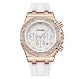 PINTIME Woman Watch Casuals Diamond Bezel Fashion Quartz Wristwatch Sports Silicone Strap Waterproof 3br Calendar Clock Reloj