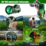 80X100 Monocular Professional with Tripod Phone Clip Low Light HD Telescope for Outdoor Bird Watching Camping Tourism