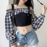 Plaid stitching one-word shoulder straps shoulder straps waist slimming top women short ins casual