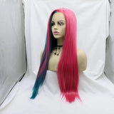 13*2.5 Synthetic Hair 32 Inch Long Half Blue Half Red Straight Lace Front Wig for Women Halloween Thanksgiving Day Christmas
