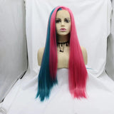 13*2.5 Synthetic Hair 32 Inch Long Half Blue Half Red Straight Lace Front Wig for Women Halloween Thanksgiving Day Christmas