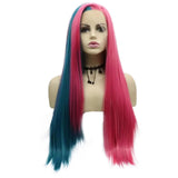 13*2.5 Synthetic Hair 32 Inch Long Half Blue Half Red Straight Lace Front Wig for Women Halloween Thanksgiving Day Christmas