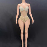 Netizen party dress, bar nightclub runway show, stage uniform with tight fitting elastic pearl design, and a sense of camisole