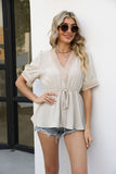 V-neck Lace Short Sleeve T-shirt Waist Trimming Shirt