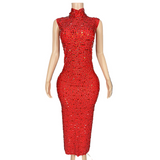 A sexy long dress with new style that is not transparent full of diamonds. It has a sleeveless and buttocks wrapped around the waist