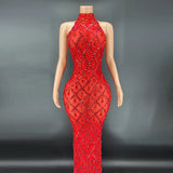 Sexy Shiny Water Diamond Silver Large Women's Evening Hanging Neck Fish Tail Long Dress Sleeveless