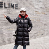 Shiny contrast color hooded straight padded down jacket