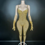 Sexy suspender, individual gloves, personalized design, full diamond, super flash stage runway jumpsuit, dropshipping