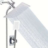 1Set High Pressure 20.32cm Rain Shower Head With Two-in-One Handhead Shower, Equipped 149.86cm Extra Long Hose, 3-Way Diverter, Adhesive Shower Head Holder, Extention Shower Arm, Square Shower Head Set (Short And Extended Styles)