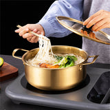 1pc Cooking Pot With Lid, Korean Noodle Cooker, Soup Cooker, Stainless Steel Thickened Ramen Cooker, Golden Small Hot Pot
