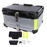 65L Motorcycle Top Case with Security Lock Water Resistant Aluminum Alloy Reflective Sticker Trunk Top Box for Helmet Luggage Silver