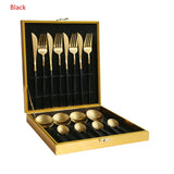 16Pcs Black Gold Dinnerware Set Stainless Steel Dinner Knife Fork White Gold Cutlery Set With Giftbox Drop Kitchen Cutlery