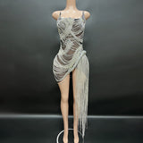 2024 Black Fashion Sexy Slim Fit Bag Hip Mini Short Silver Tassel Dance Stage Performance Dress