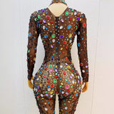 Colorful rhinestone black high-end mesh design with a sense of temperament and perspective, sexy hip lifting jumpsuit