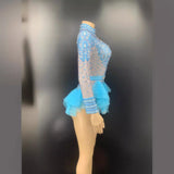 Sexy neck hanging short skirt with multiple colors, long sleeves, waist closing, slim fit design, full of rhinestone jumpsuit feeling