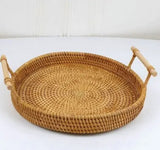 1PC Rattan Bread Storage Woven Snacks Fruit Round Tray Picnic Binaural Tray Living Room Table Finishing