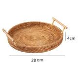 1PC Rattan Bread Storage Woven Snacks Fruit Round Tray Picnic Binaural Tray Living Room Table Finishing