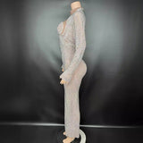 Sparkling Diamond Pearl Design Sensory Pattern Sexy Perspective Skirt Style Long sleeved Singer Stage Dress